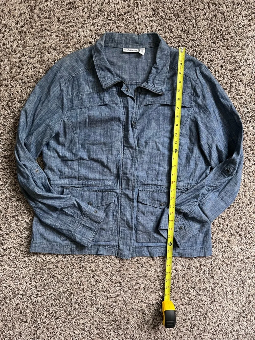 Croft & Barrow Blue Chambray‎ Utility Jacket Full Zip Drawstring Waist Womens L